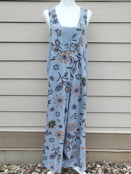 easel Pants - Easel Signature Printed Terry Wide Leg Jumpsuit Soft Washed Women's Small
